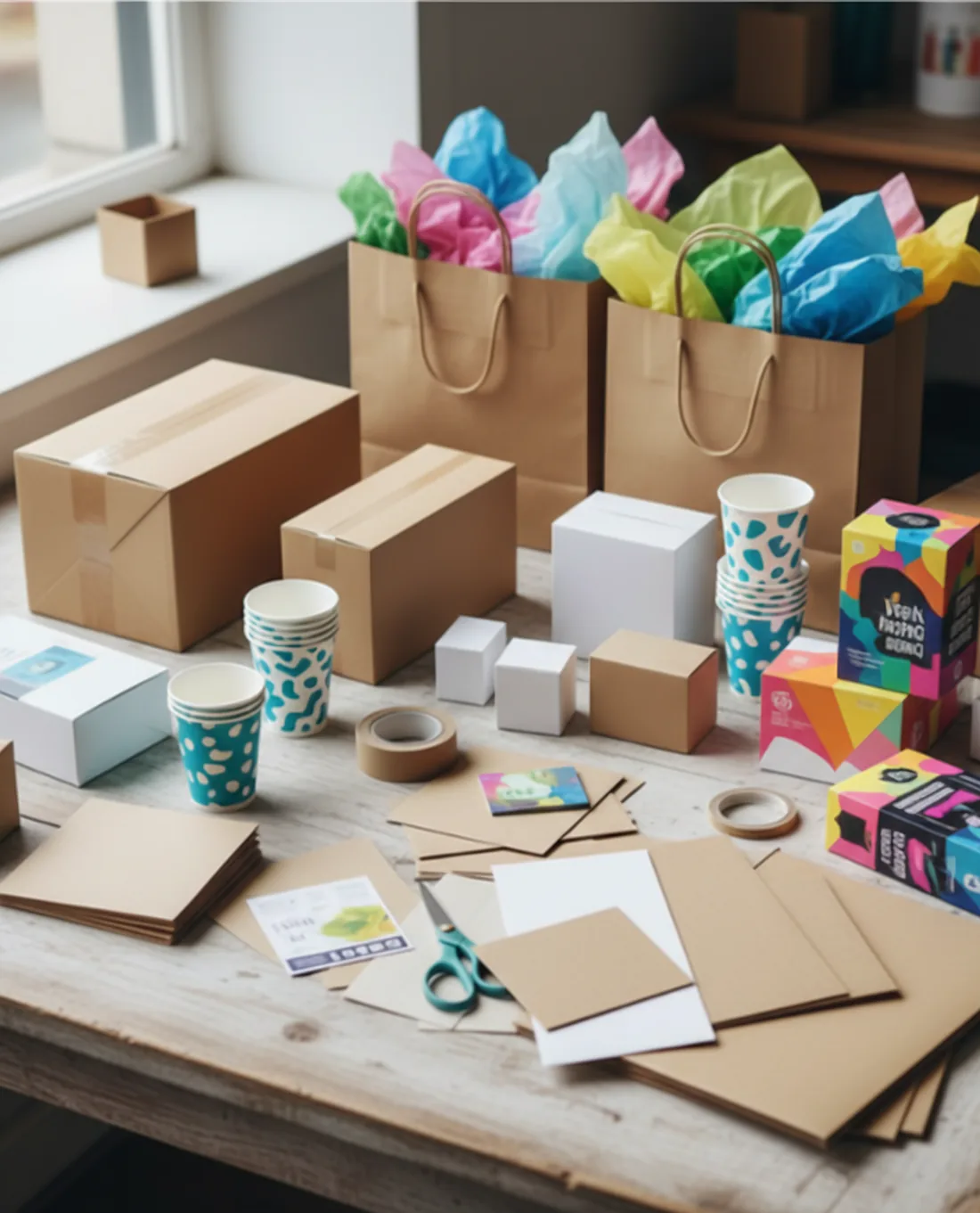 Boxes, paper bags and branded gifts packed for delivery