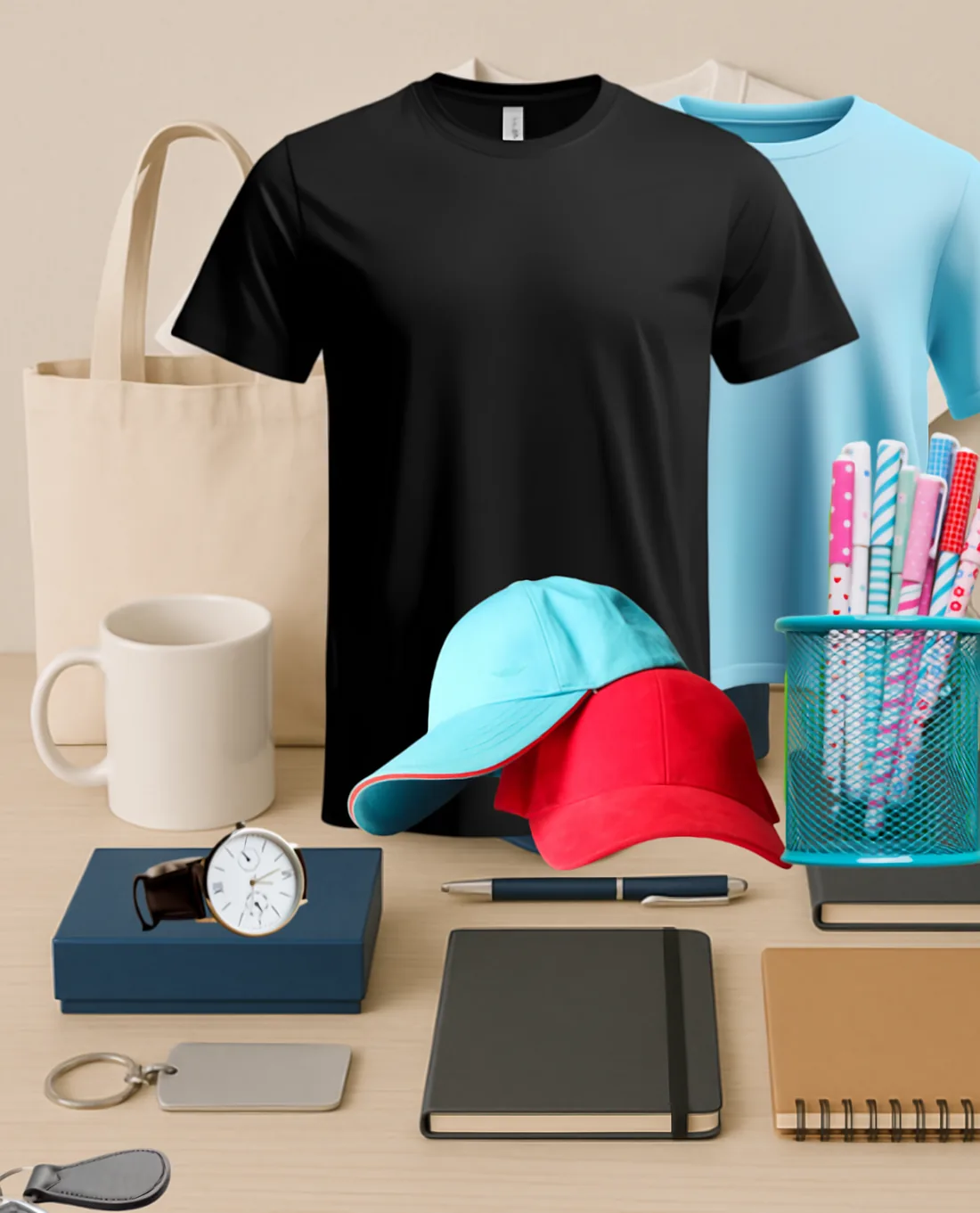 T-shirts, mugs, caps, notebooks and keychains ready to be branded